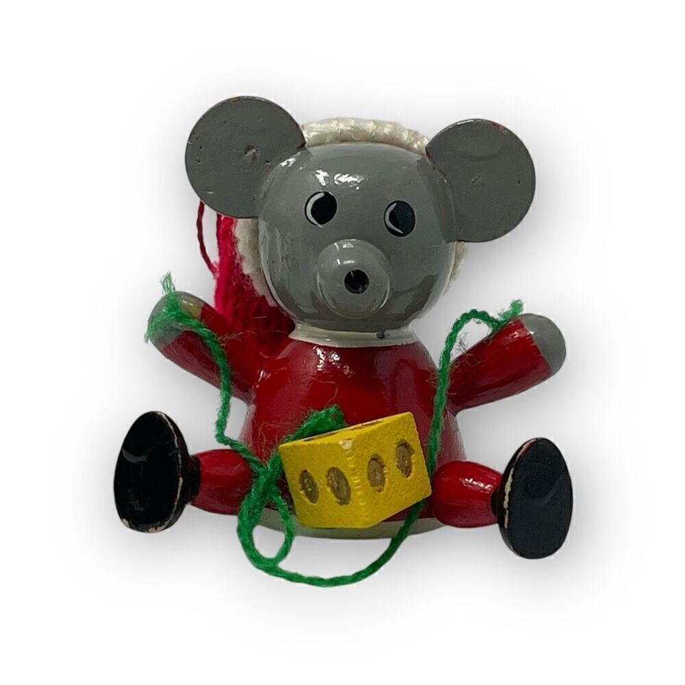 Vintage Wood Ornament 1979 Dakin Christmas Mouse Wrapping With Knit Cap